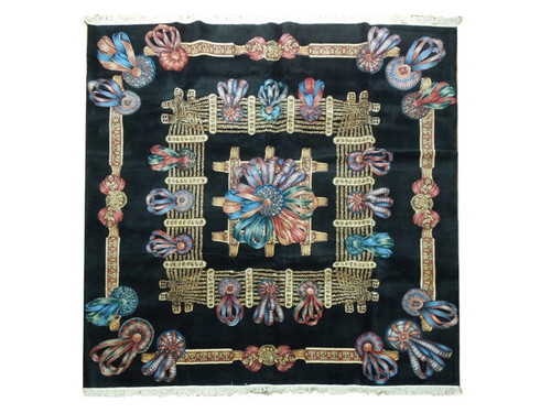 Full overhead view of 7'1" x 7'2" square black Chinese Oriental rug with ribbon rosette medallion