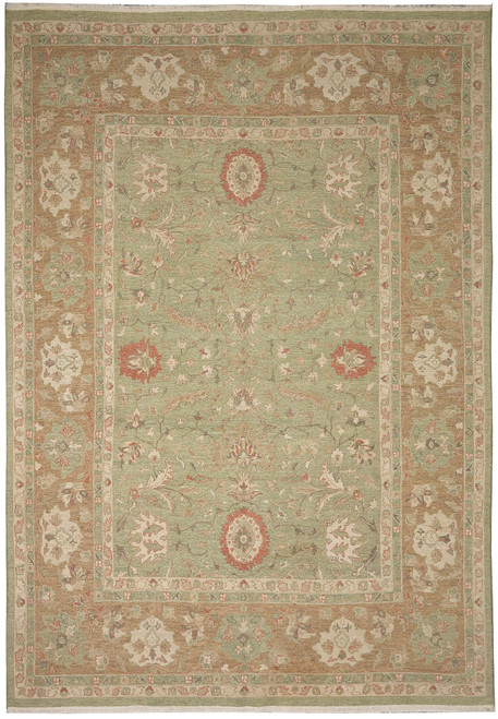 Overhead view of 8'10" x 12' light green Sumak flat weave rug with brown floral border