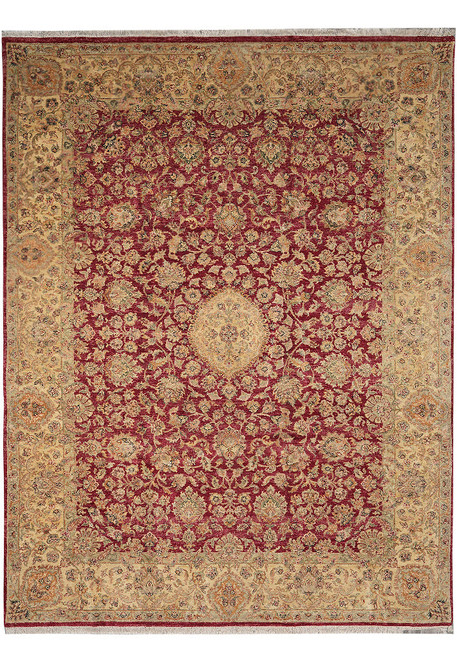 Full view of 9'2" x 12'6" red Oriental rug with gold floral border and central medallion