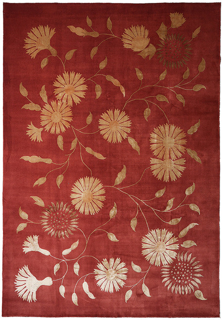 Rust red 8' x 12' wool and silk rug with golden beige and ivory floral bursts