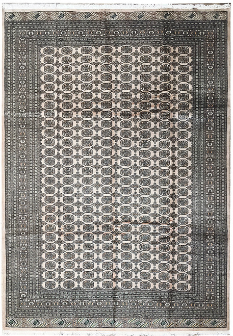 Overhead studio view of 9x12 Bokara rug showing repeating gul rows and layered guard borders