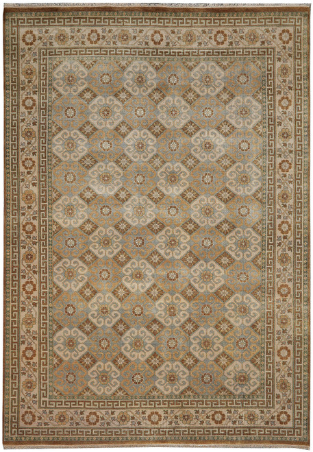 Full overhead view of 8'6" x 12' Agra wool rug with light blue lattice field