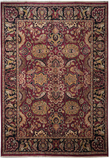 Full view of 9'2" x 12' Jaipur rug, burgundy field, black floral border, ivory fringe