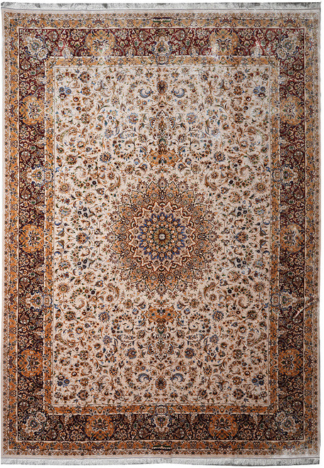 Ivory field Turkish Tabriz design rug with star medallion and deep burgundy floral border