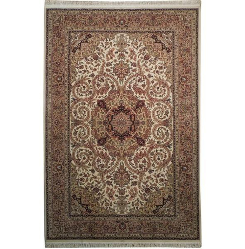 5'10" x 8'8" Chinese Oriental rug shown flat, ivory field, burgundy medallion, tan floral borders