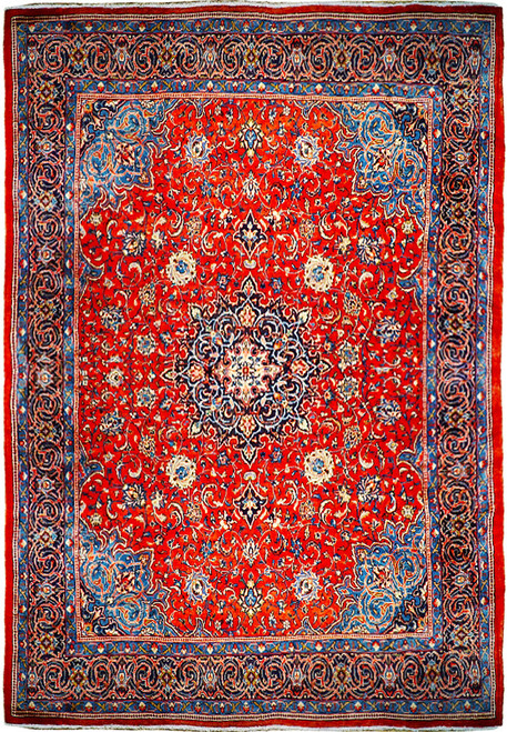 Full view of 9'9 x 13'3 Persian Sarouk rug with navy medallion on red orange field