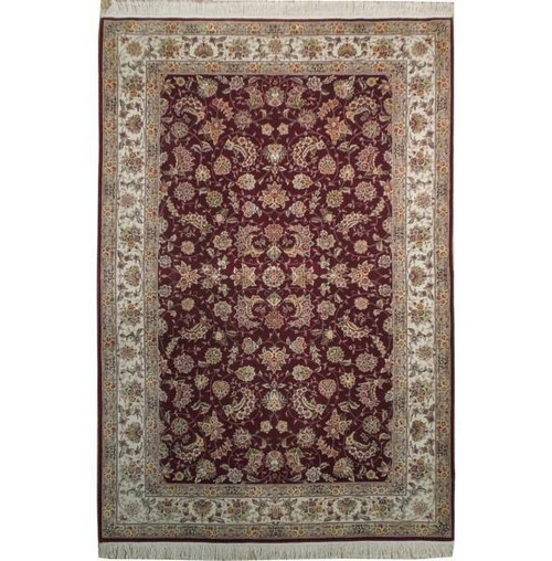 Burgundy and ivory hand-knotted Oriental rug with all-over floral Tabriz design, full overhead view