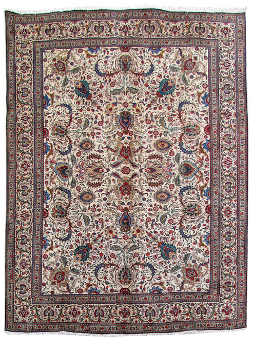 9'9" x 13'2" ivory Persian Tabriz rug with all over floral field and ivory border