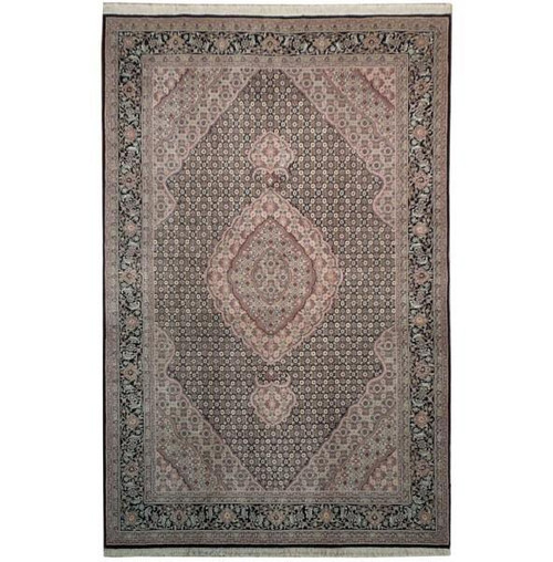 Black Mahi Tabriz design rug with blush medallion and ivory fish pattern, full studio view