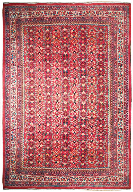 Semi-antique 9x13 Persian Mahal rug with red field, all over Herati lattice and ivory floral border