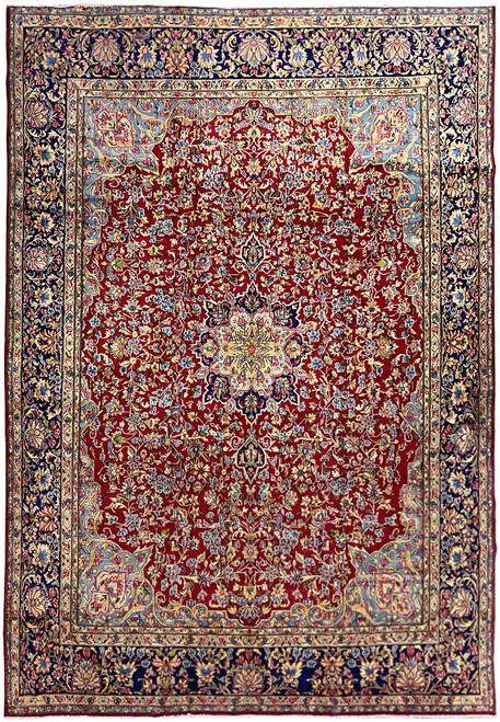 9'10" x 13'1" Persian Kerman Lavar rug with red field and navy floral main border