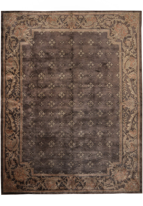 Brown and taupe Tibetan rug with beige star motifs and scrolling acanthus floral border