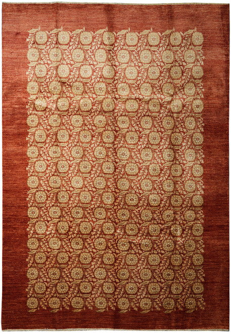 8'10" x 12'2" hand-knotted wool rug from India with golden rosette grid on burnt sienna