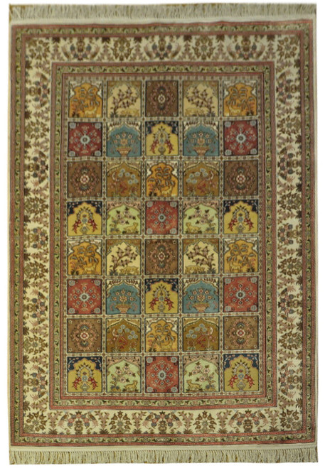 4x6 Chinese silk rug shown flat with 40 garden panels and ivory floral bird border