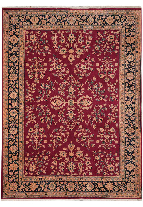 Burgundy Sarouk design rug 8'6" x 11'6" with beige all-over floral vines and black border