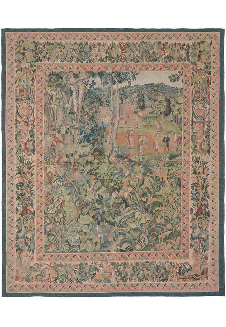 6' x 7' Chinese scenery tapestry rug shown flat with green verdure field and salmon border