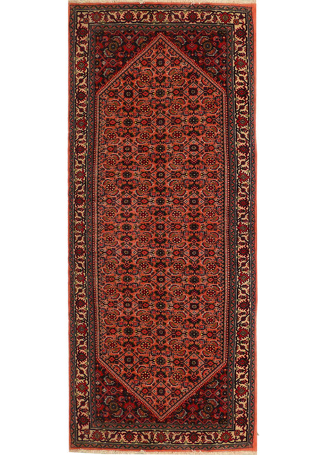 Full view of the 2'6" x 9'6" Persian Bijar Runner Rug showcasing its all-over design and rich color palette