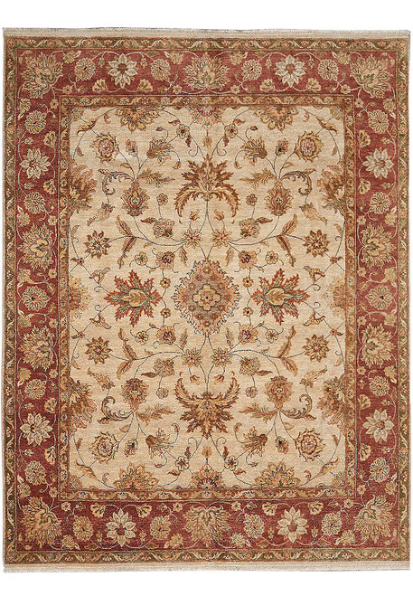8' x 10'1" beige Zigler rug shown flat from above with coral rust floral border