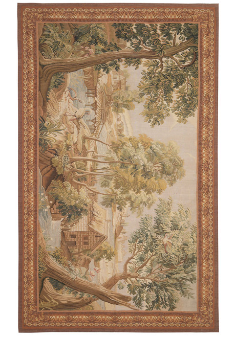 Full view of 4'4" x 6'10" fall scenery tapestry rug with trees, cottage and birds