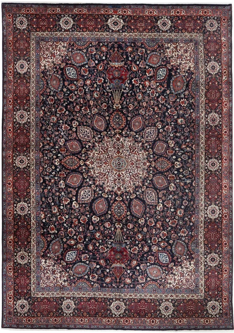 11'5" x 16'6" Persian Mashad rug with navy field, ivory medallion and brick red border