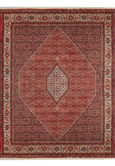 8'2" x 10'8" Persian Bijar rug, rust red herati diamond on a navy ground with ivory border