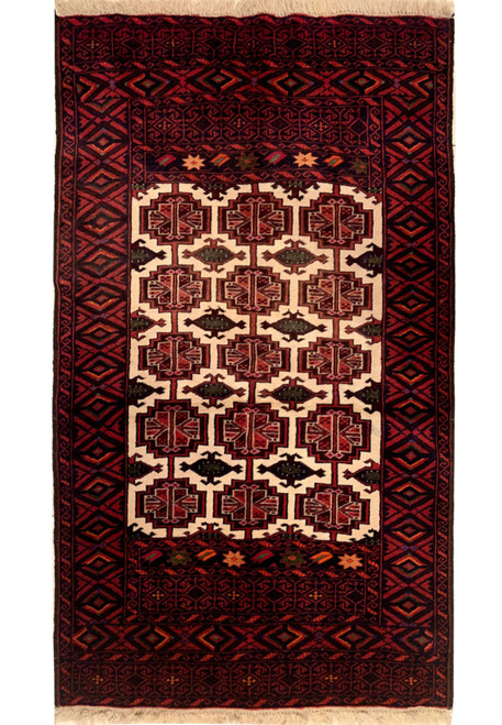 Full view of the 3 x 5 Persian Baluch Prayer rug showcasing its detailed pattern