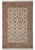 Full overhead view of the ivory Tabriz-design rug with tan floral border and ivory fringes