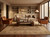Room setting with the carpet under a walnut coffee table, cream sofa and two tan leather chairs