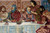 Detail of apostles at the table with a clay bowl, glass carafe and blue cloth