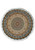 Whole round silk rug shown flat, dome medallion in blue and ivory with white fringe