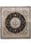 Full square silk rug photographed flat, round black medallion centred within a wide ivory floral border