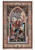 Whole pictorial rug shown flat: six figures beneath a tiled arch inside an ivory floral border