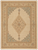 Full overhead view of the beige Ferahan rug with tan lozenge medallion and blue spandrels