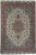 Overhead view of 8 x 11'7 Persian Tabriz rug with ivory field and peach floral border