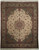 Ivory Persian Tabriz rug with rust medallion, sage green corners and camel floral border, full view