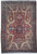 Rust red Persian Serapi rug with navy border, camel spandrels and stepped geometric central medallion