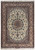 Ivory field Persian Isfahan rug with taupe medallion, navy floral border and wool silk pile