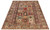 Angled floor view showing hand-knotted wool panel design rug in mushroom taupe, rust and sage green