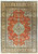 Coral field Persian Tabriz rug with pale green lobed medallion and ivory floral border