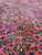 Rose red field close view with blue and saffron palmettes, curling leaves and flowering vines