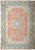 Faded pink Persian Kerman rug with blue floral border, ivory spandrels and central lobed medallion