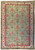 Sage green William Morris rug with ivory border and pink floral sprays, full overhead view