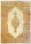 Full overhead view of ivory 12x19 Persian Kerman rug with lace medallion and shrimp border
