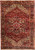Full overhead view of deep red Persian Heriz rug with ivory spandrels and light blue medallion