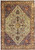 Overhead view of 11'3" x 16' Persian Heriz rug with ivory field and blue corners