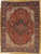 8'4" x 11' antique Persian Heriz rug shown flat with rust red field and navy medallion