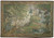Full view of green Chinese verdure tapestry rug with woodland landscape, fountain and scrolling ribbon border