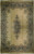 Full view of ivory open field Persian Kerman rug with blue floral border and central medallion