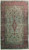 Overhead view of ivory antique Persian Kerman rug with rose red floral border and central medallion