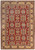 Rust red Afghan Kazak rug with ivory border and blue geometric medallions in all over panel layout